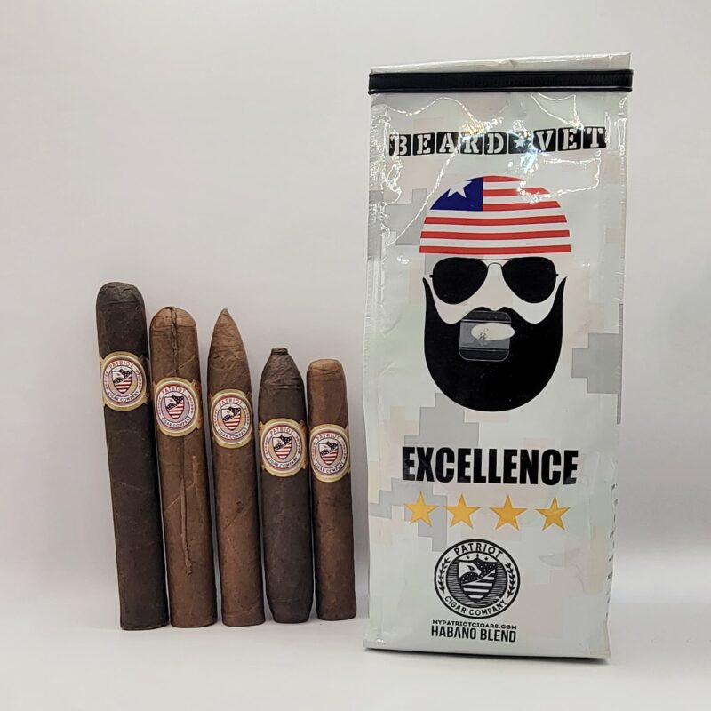 Patriot Cigars sampler pack shown with Beard Vet Habano medium roast coffee.