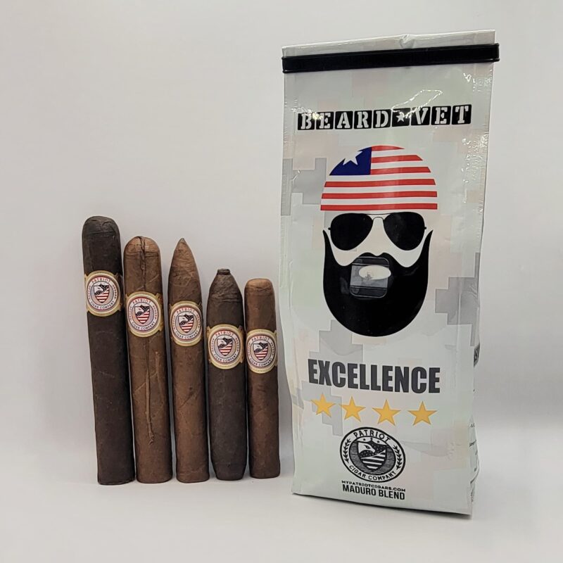 Patriot Cigars sampler pack shown with Beard Vet Maduro dark roast coffee.