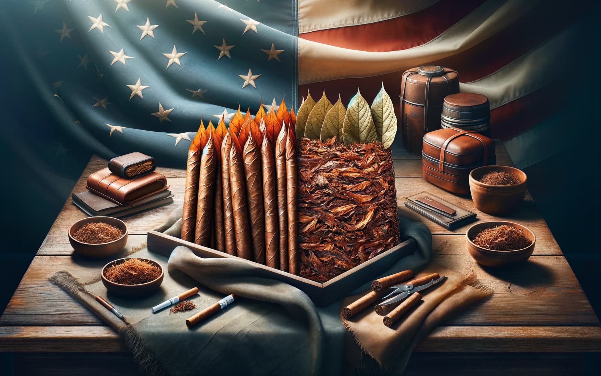 Cigars, tobacco leaves, and cigarettes against the backdrop of an American Flag.